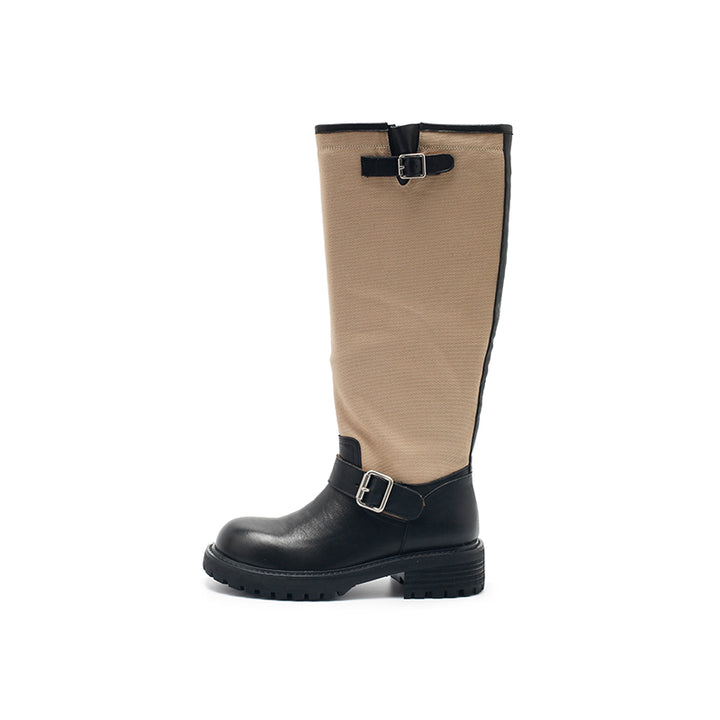 Dwarves Handmade Vintage Two-Tone Knee-High Boots Leather Linen Biker Boots in 2 Colors