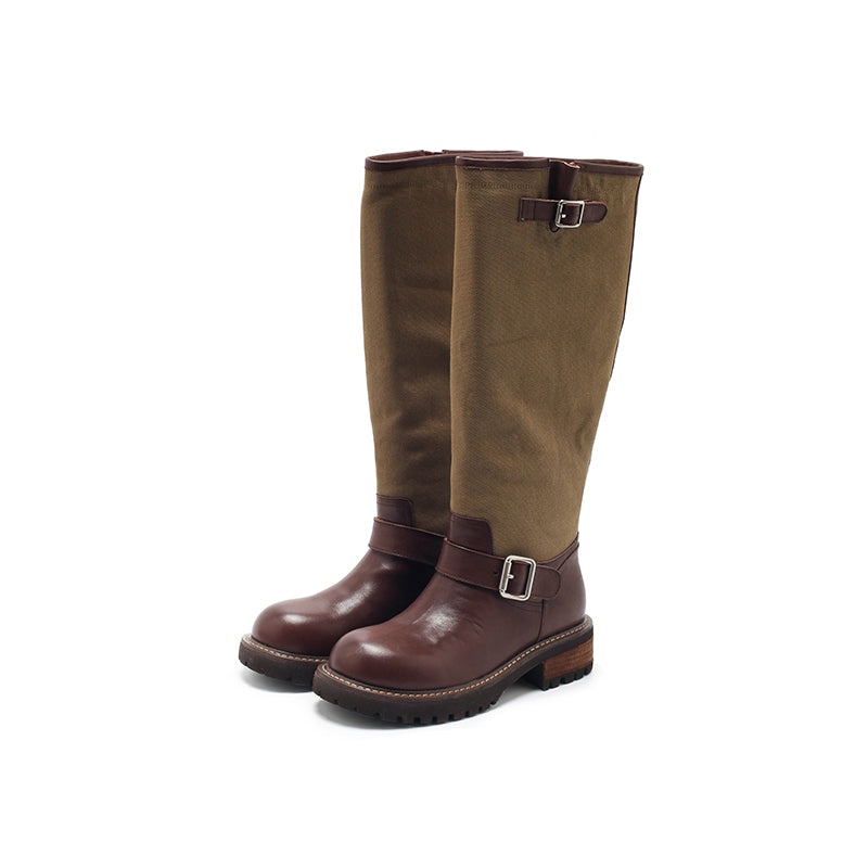 Dwarves Handmade Vintage Two-Tone Knee-High Boots Leather Linen Biker Boots in 2 Colors