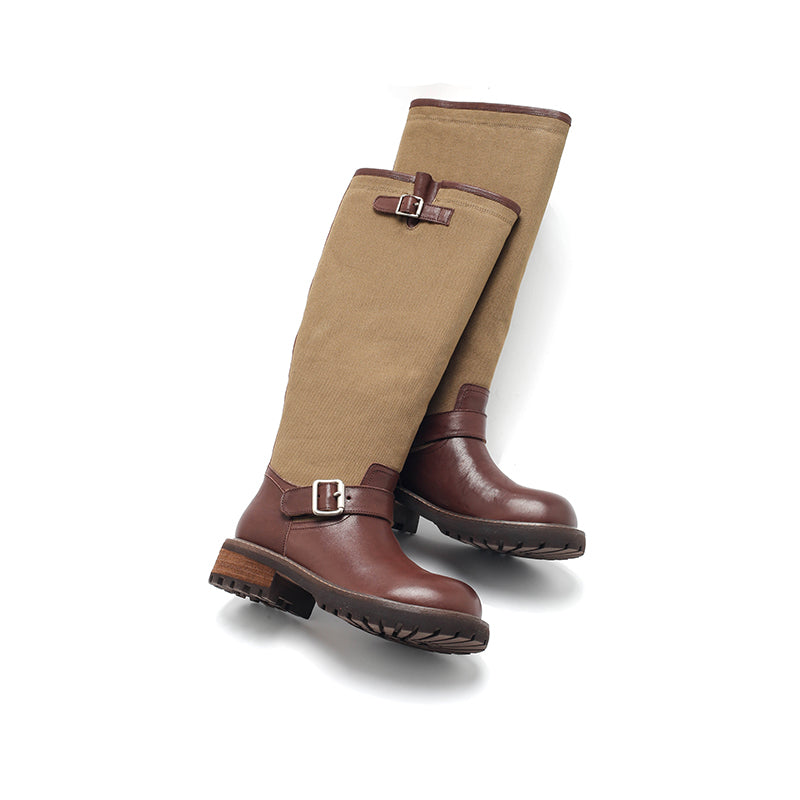 Dwarves Handmade Vintage Two-Tone Knee-High Boots Leather Linen Biker Boots in 2 Colors