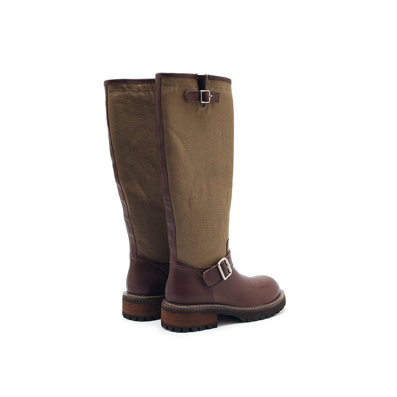 Dwarves Handmade Vintage Two-Tone Knee-High Boots Leather Linen Biker Boots in 2 Colors