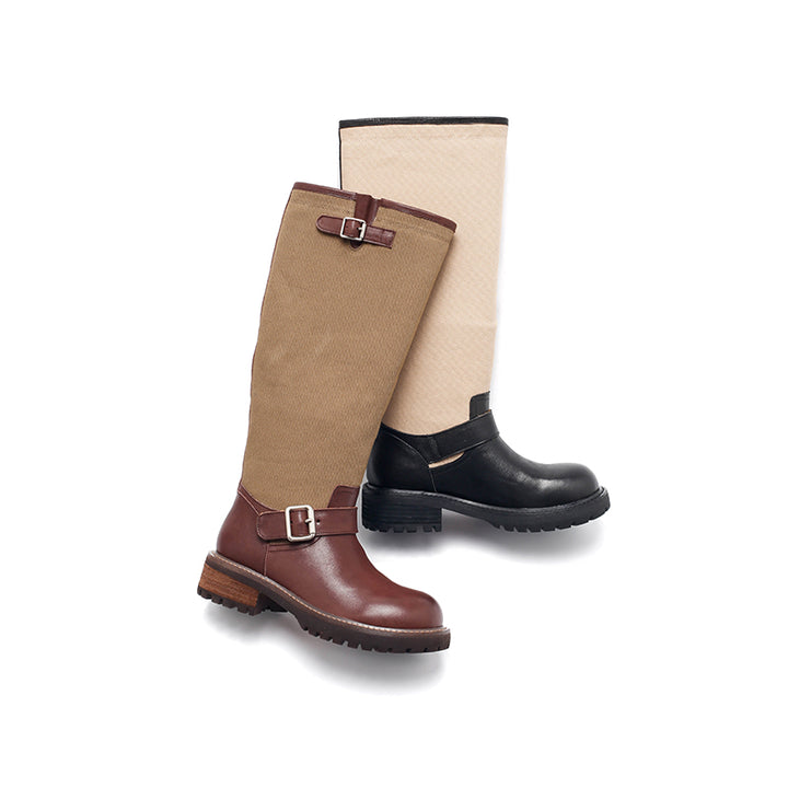 Dwarves Handmade Vintage Two-Tone Knee-High Boots Leather Linen Biker Boots in 2 Colors