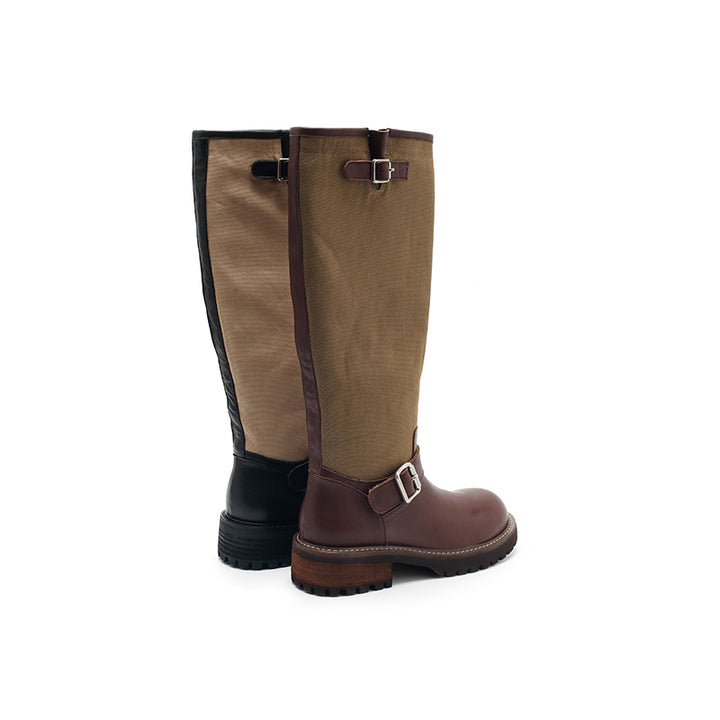 Dwarves Handmade Vintage Two-Tone Knee-High Boots Leather Linen Biker Boots in 2 Colors