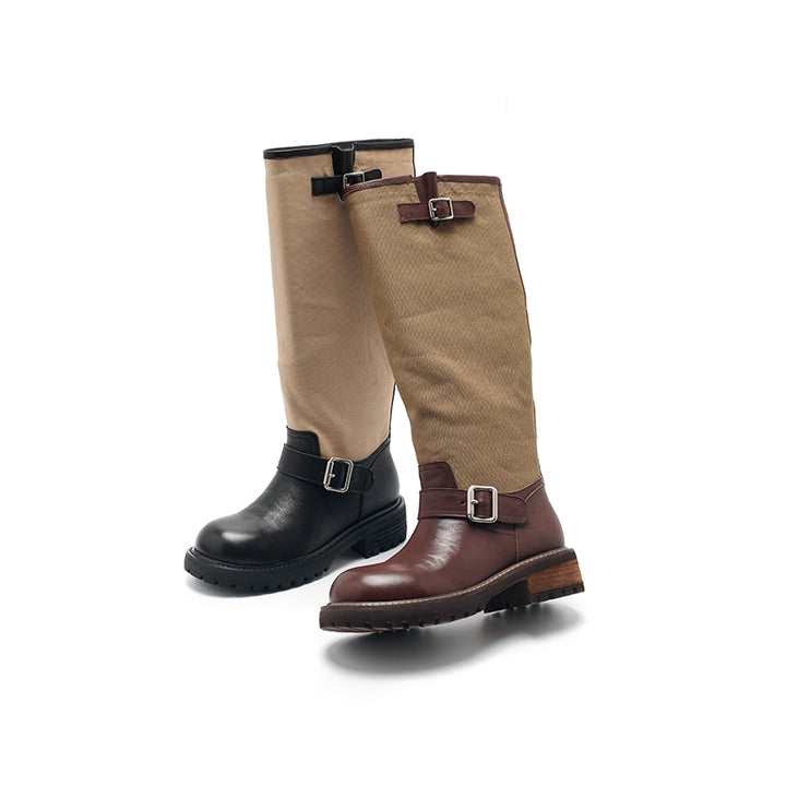 Dwarves Handmade Vintage Two-Tone Knee-High Boots Leather Linen Biker Boots in 2 Colors