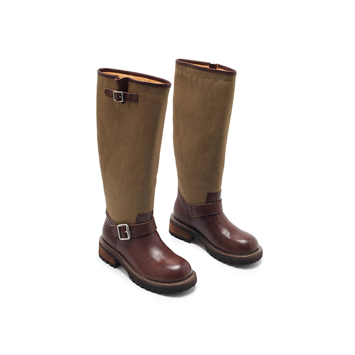 Dwarves Handmade Vintage Two-Tone Knee-High Boots Leather Linen Biker Boots in 2 Colors