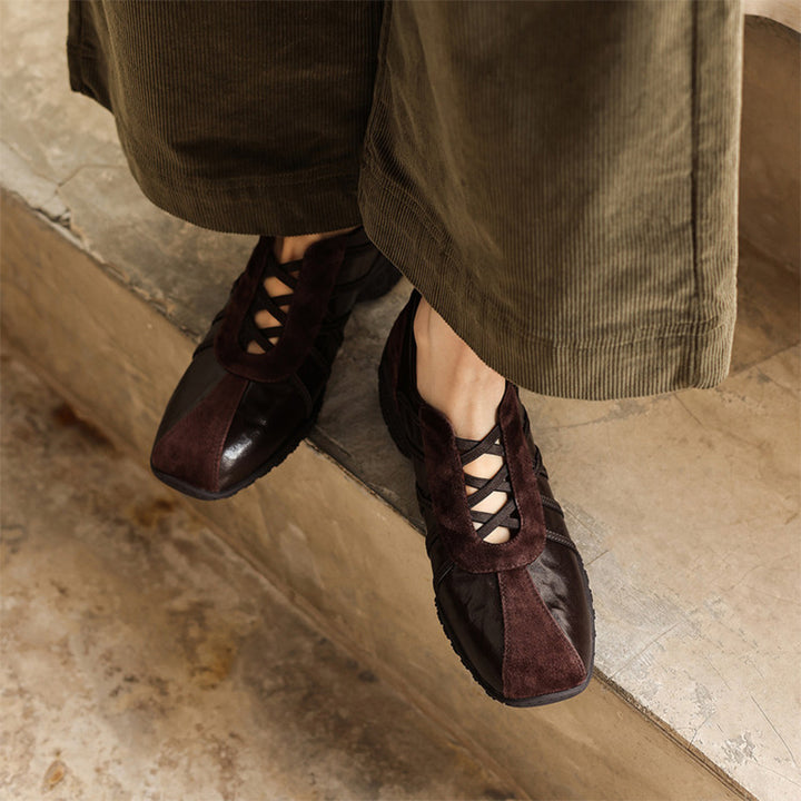 Ballerines Mary Jane Colorblock pour femmes en cuir avec tirant et Velcro en marron/abricot/argent