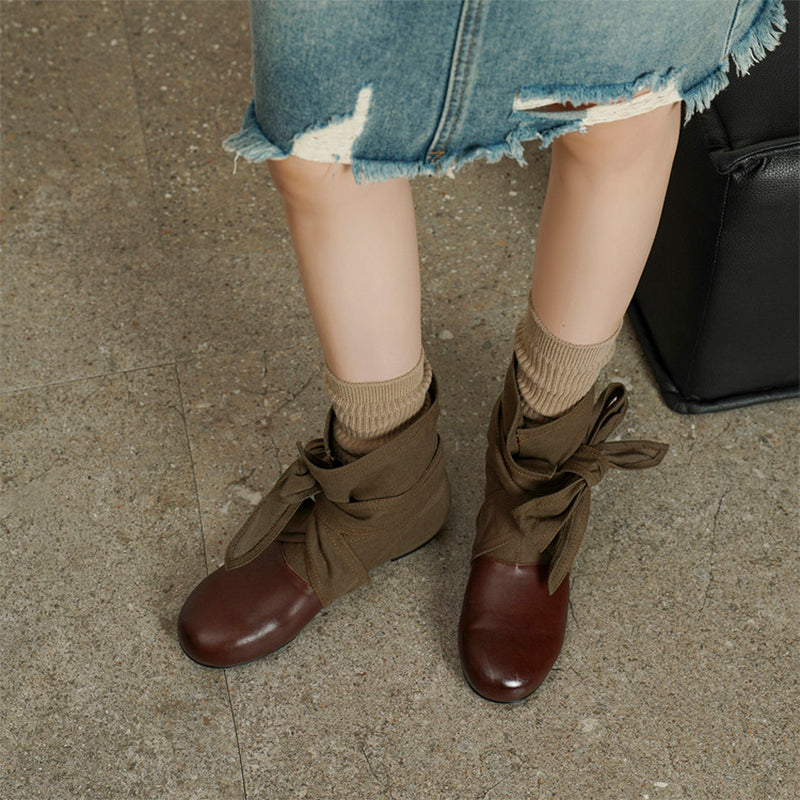 Mori Girl Wrap Bow Slouch Ankle Boots with Hidden Lift in Yellowish-brown/Reddish-brown