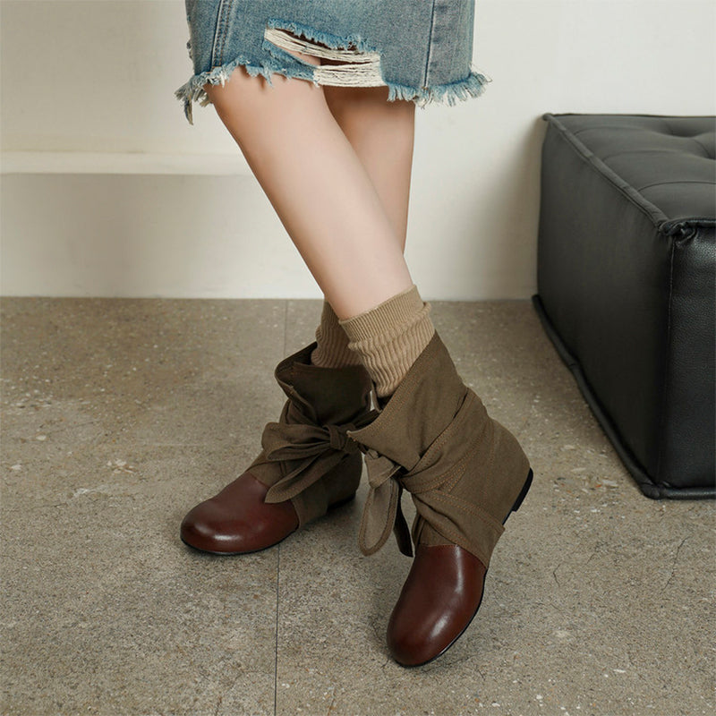 Mori Girl Wrap Bow Slouch Ankle Boots with Hidden Lift in Yellowish-brown/Reddish-brown