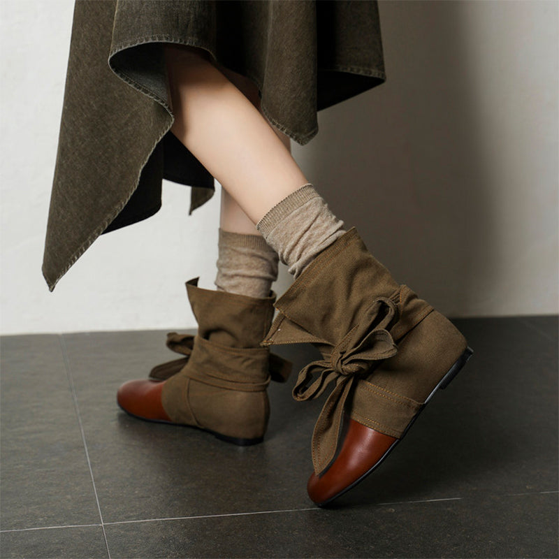 Mori Girl Wrap Bow Slouch Ankle Boots with Hidden Lift in Yellowish-brown/Reddish-brown
