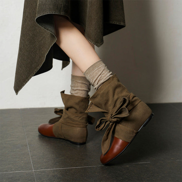 Mori Girl Wrap Bow Slouch Ankle Boots with Hidden Lift in Yellowish-brown/Reddish-brown