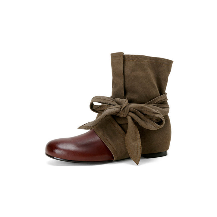 Mori Girl Wrap Bow Slouch Ankle Boots with Hidden Lift in Yellowish-brown/Reddish-brown