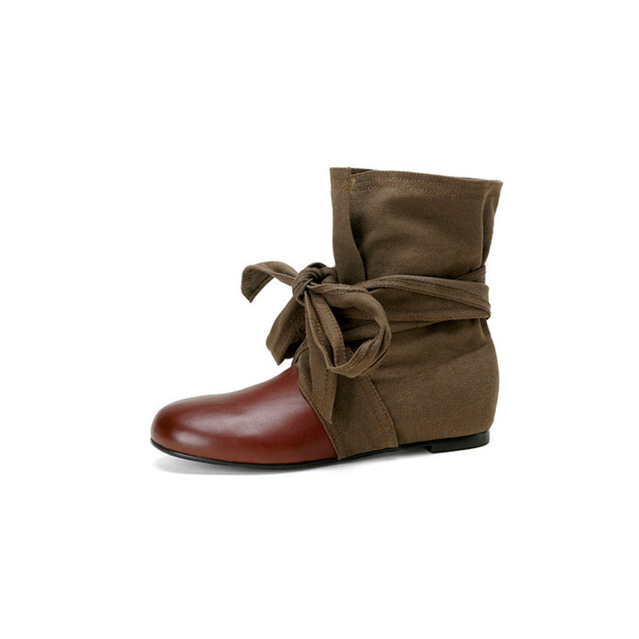 Mori Girl Wrap Bow Slouch Ankle Boots with Hidden Lift in Yellowish-brown/Reddish-brown