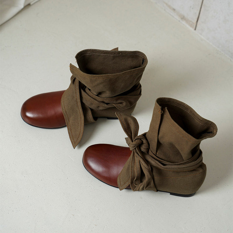 Mori Girl Wrap Bow Slouch Ankle Boots with Hidden Lift in Yellowish-brown/Reddish-brown