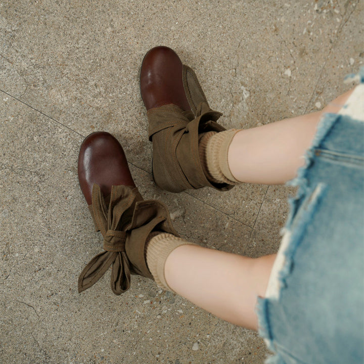 Mori Girl Wrap Bow Slouch Ankle Boots with Hidden Lift in Yellowish-brown/Reddish-brown