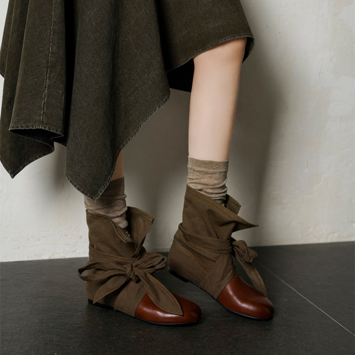Mori Girl Wrap Bow Slouch Ankle Boots with Hidden Lift in Yellowish-brown/Reddish-brown