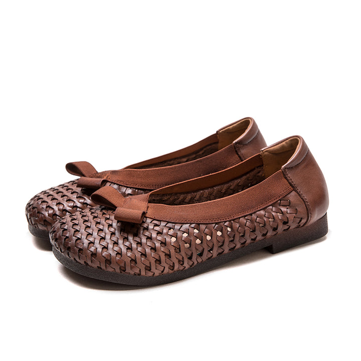 Mori Girl Woven Soft Cowhide Flat Loafers Cutout Slip-On Casual Shoes in Yellow/Dark Brown