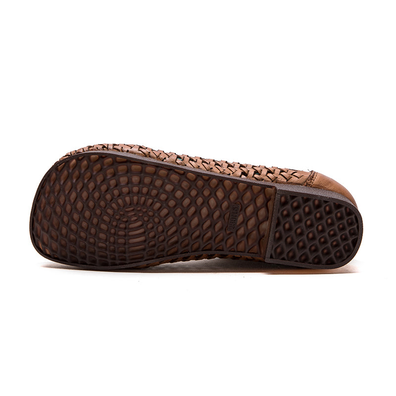 Mori Girl Woven Soft Cowhide Flat Loafers Cutout Slip-On Casual Shoes in Yellow/Dark Brown
