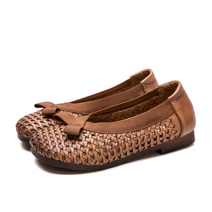 Mori Girl Woven Soft Cowhide Flat Loafers Cutout Slip-On Casual Shoes in Yellow/Dark Brown