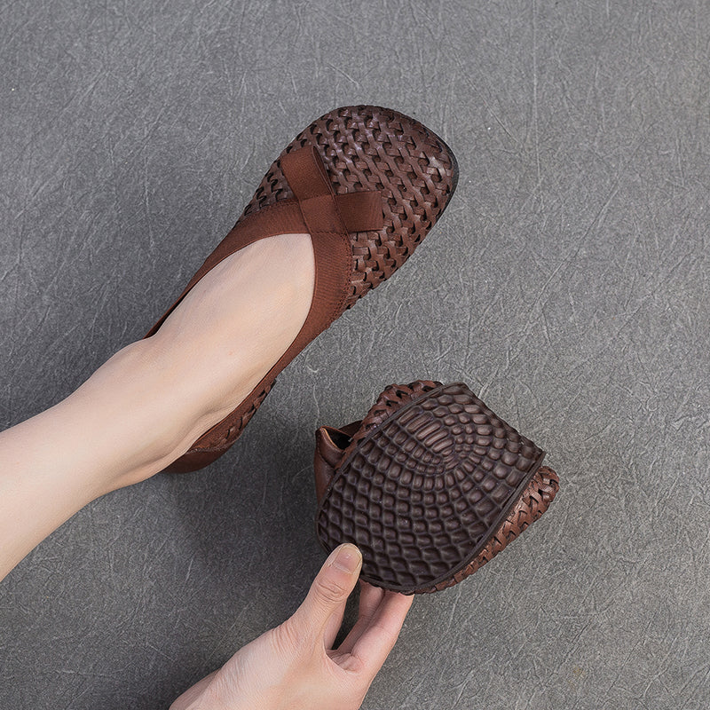Mori Girl Woven Soft Cowhide Flat Loafers Cutout Slip-On Casual Shoes in Yellow/Dark Brown