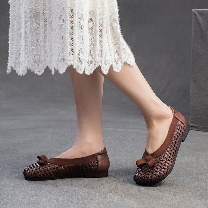 Mori Girl Woven Soft Cowhide Flat Loafers Cutout Slip-On Casual Shoes in Yellow/Dark Brown