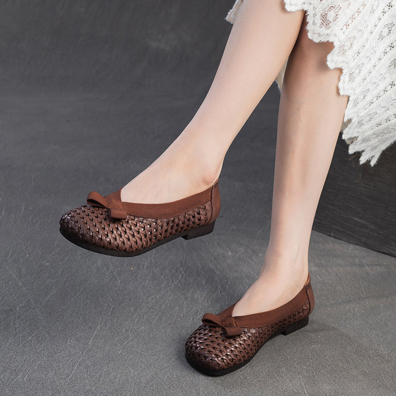 Mori Girl Woven Soft Cowhide Flat Loafers Cutout Slip-On Casual Shoes in Yellow/Dark Brown