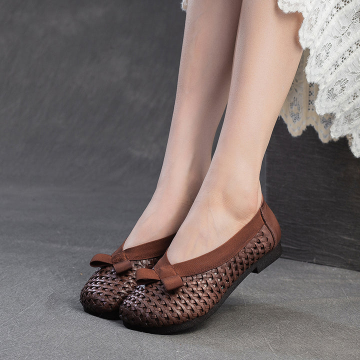 Mori Girl Woven Soft Cowhide Flat Loafers Cutout Slip-On Casual Shoes in Yellow/Dark Brown