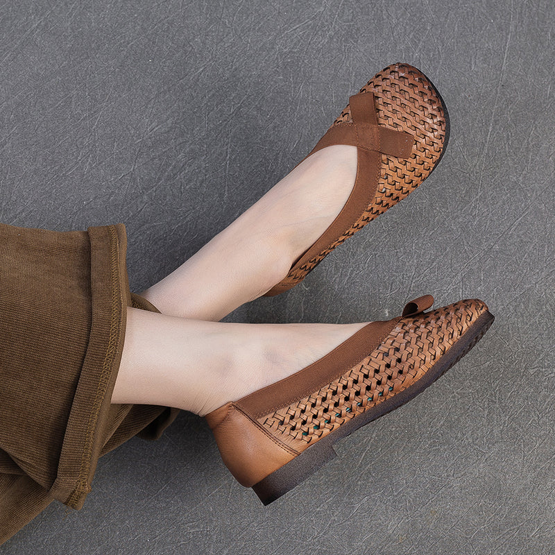Mori Girl Woven Soft Cowhide Flat Loafers Cutout Slip-On Casual Shoes in Yellow/Dark Brown