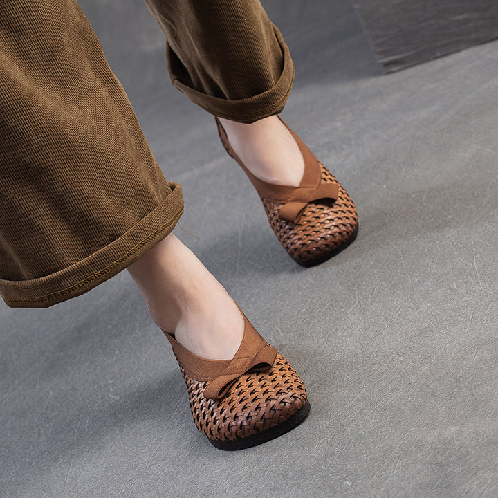 Mori Girl Woven Soft Cowhide Flat Loafers Cutout Slip-On Casual Shoes in Yellow/Dark Brown