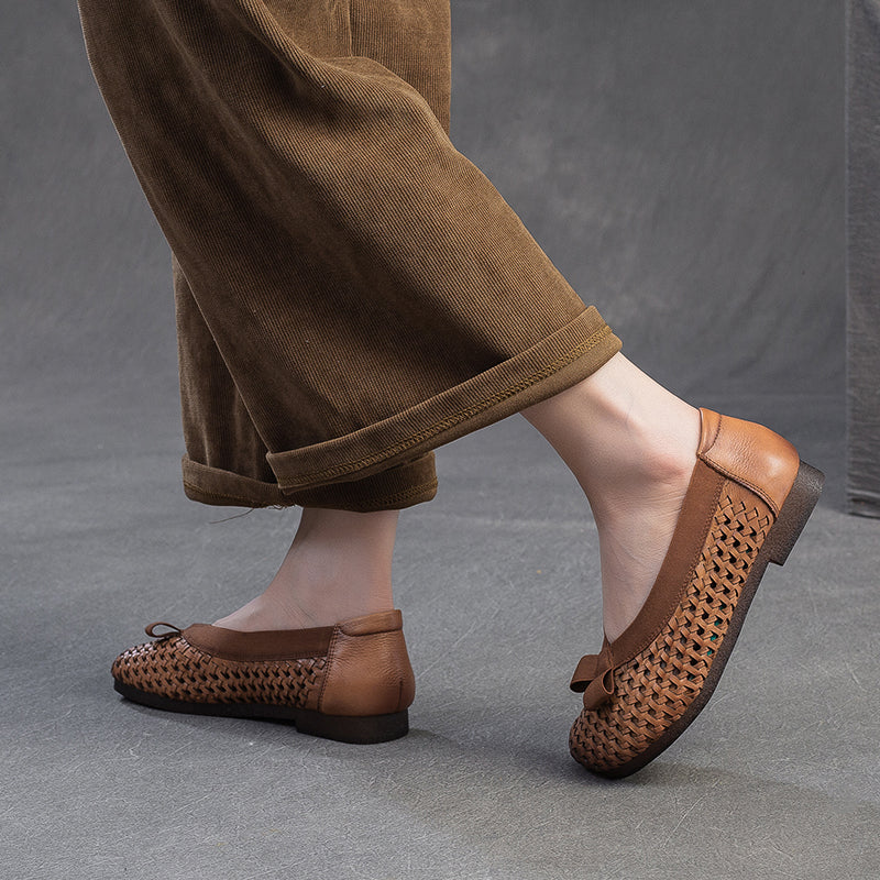 Mori Girl Woven Soft Cowhide Flat Loafers Cutout Slip-On Casual Shoes in Yellow/Dark Brown