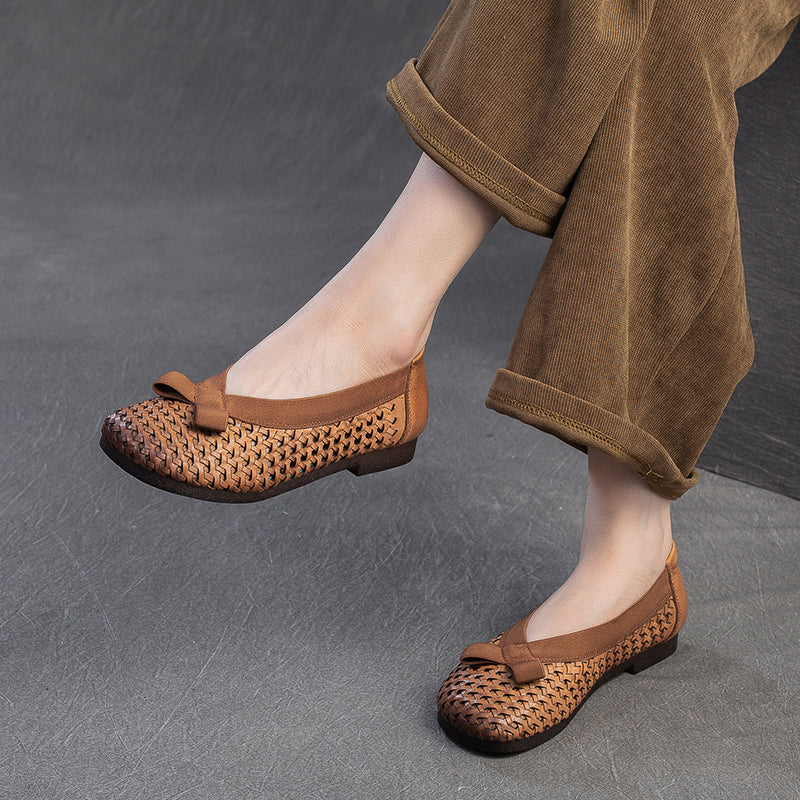 Mori Girl Woven Soft Cowhide Flat Loafers Cutout Slip-On Casual Shoes in Yellow/Dark Brown