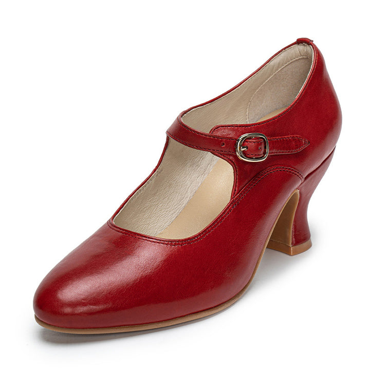 Handmade Vintage Waxing Cowhide Mary Jane Pumps Women in Black/Beige/Red/Cognac