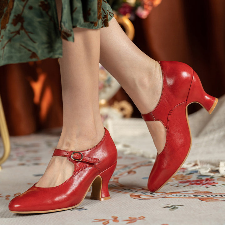 Handmade Vintage Waxing Cowhide Mary Jane Pumps Women in Black/Beige/Red/Cognac