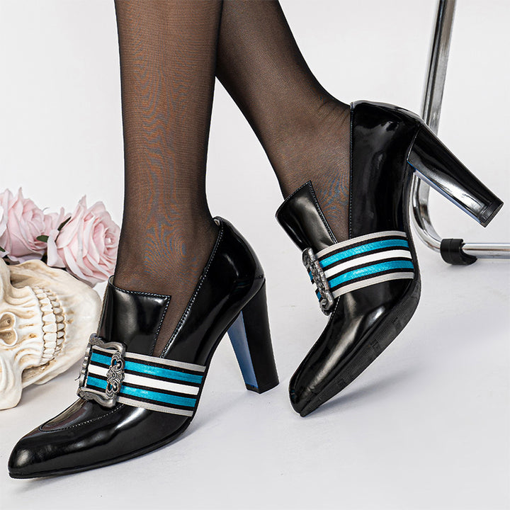 Handmade Vintage Pointed Toe Striped Buckle Loafer Pumps for Women in Black