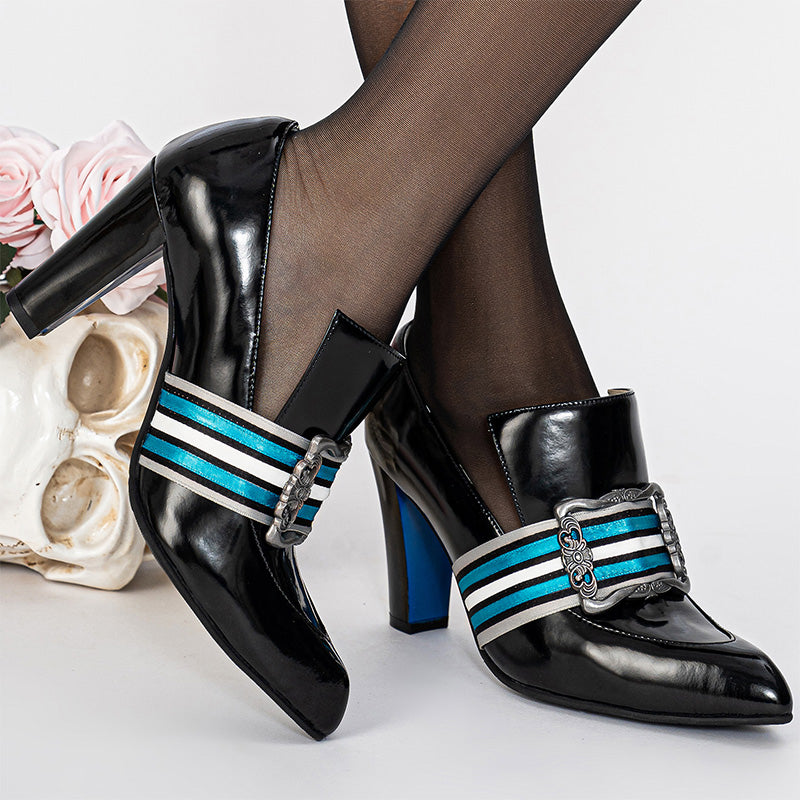 Handmade Vintage Pointed Toe Striped Buckle Loafer Pumps for Women in Black