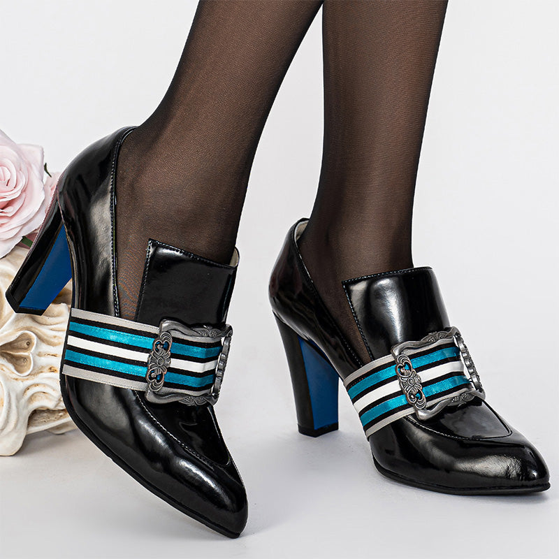 Handmade Vintage Pointed Toe Striped Buckle Loafer Pumps for Women in Black