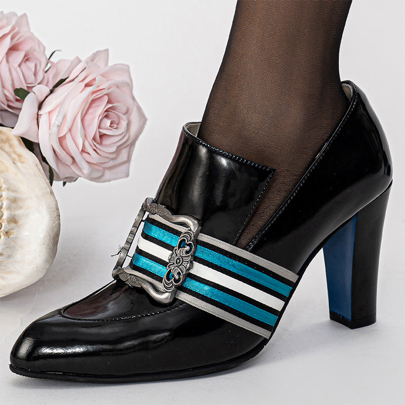 Handmade Vintage Pointed Toe Striped Buckle Loafer Pumps for Women in Black