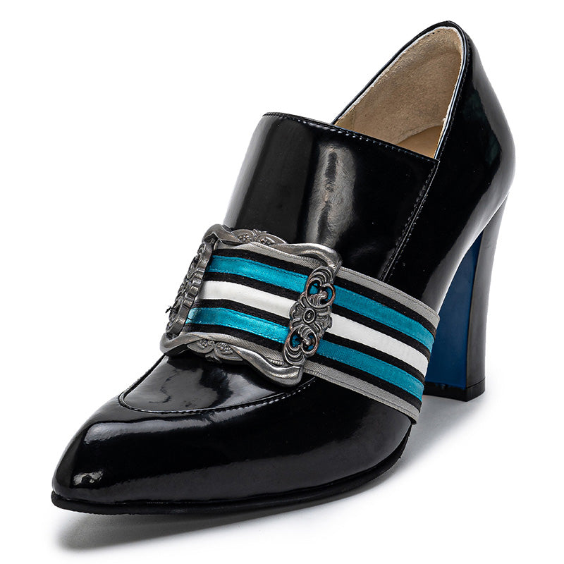 Handmade Vintage Pointed Toe Striped Buckle Loafer Pumps for Women in Black