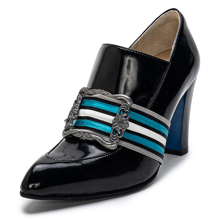 Handmade Vintage Pointed Toe Striped Buckle Loafer Pumps for Women in Black