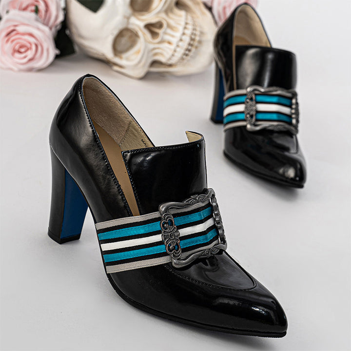 Handmade Vintage Pointed Toe Striped Buckle Loafer Pumps for Women in Black