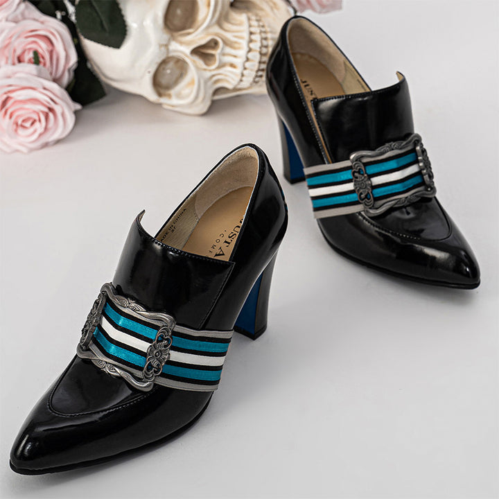 Handmade Vintage Pointed Toe Striped Buckle Loafer Pumps for Women in Black