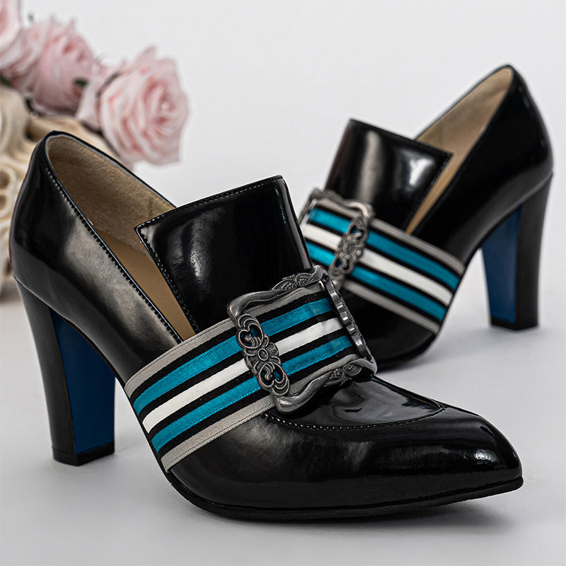 Handmade Vintage Pointed Toe Striped Buckle Loafer Pumps for Women in Black