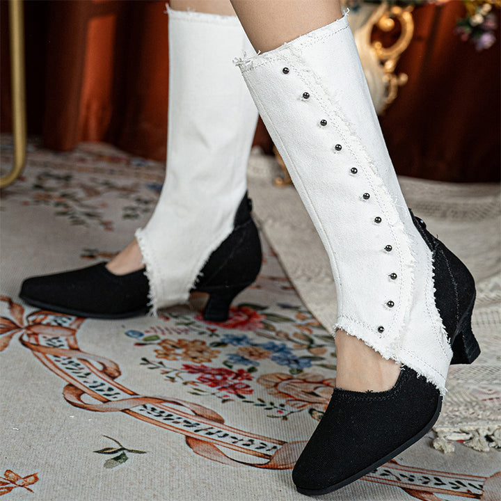 Handmade Victorian Two-Tone Button Boots Women Convertible Spat Canvas Louis Heel Mid-Calf Boots