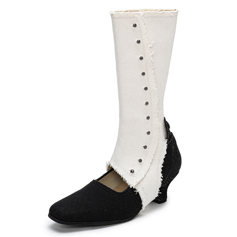 Handmade Victorian Two-Tone Button Boots Women Convertible Spat Canvas Louis Heel Mid-Calf Boots