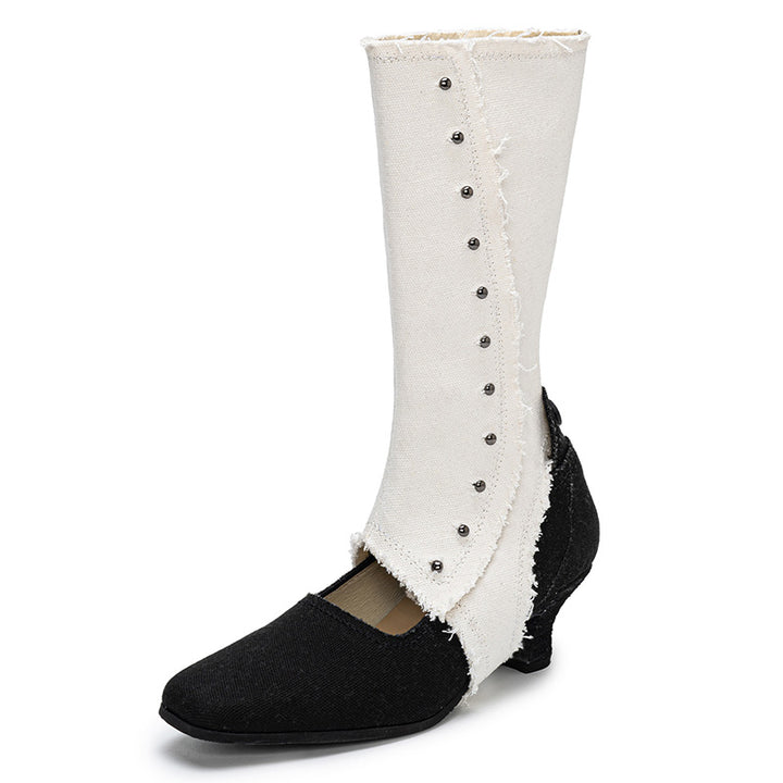 Handmade Victorian Two-Tone Button Boots Women Convertible Spat Canvas Louis Heel Mid-Calf Boots