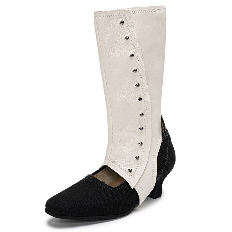 Handmade Victorian Two-Tone Button Boots Women Convertible Spat Canvas Louis Heel Mid-Calf Boots