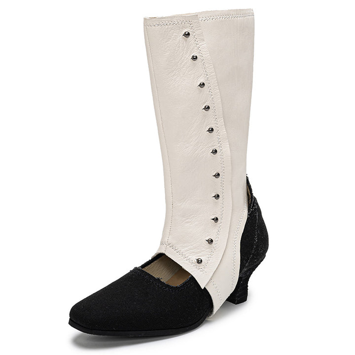 Handmade Victorian Two-Tone Button Boots Women Convertible Spat Canvas Louis Heel Mid-Calf Boots