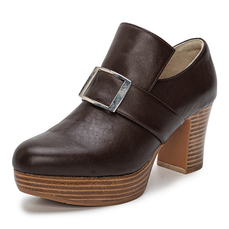 Handmade Vintage Square Buckle Pumps Women British Style Block Heels in Two Heel Heights