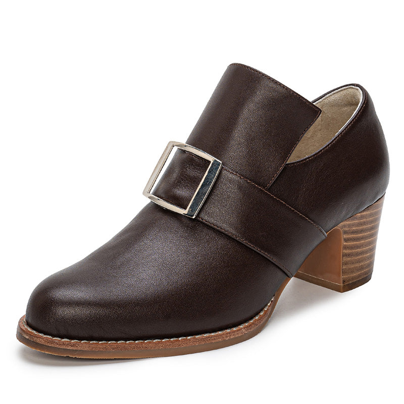 Handmade Vintage Square Buckle Pumps Women British Style Block Heels in Two Heel Heights