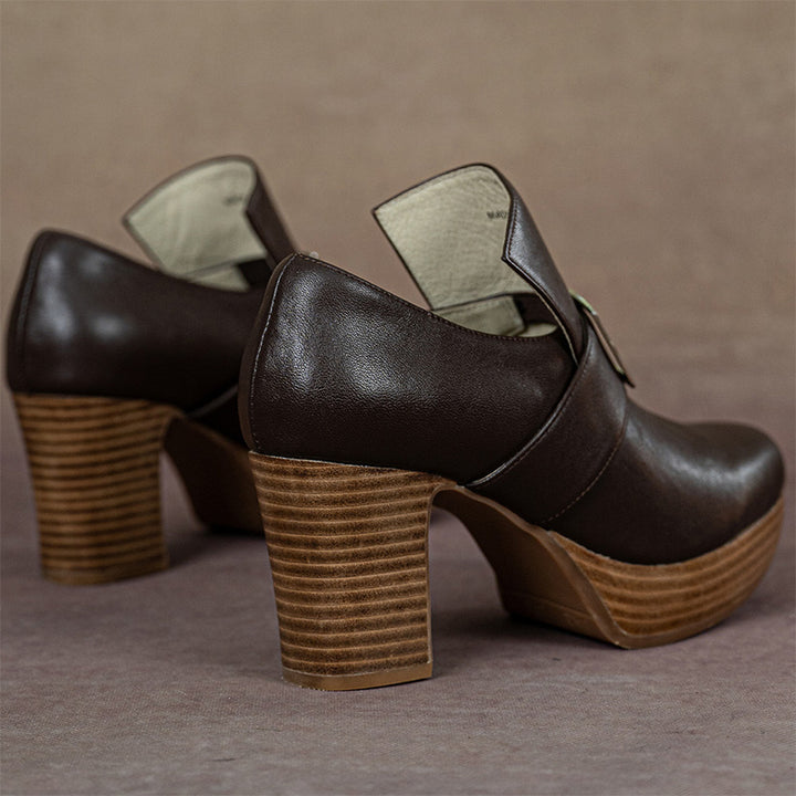 Handmade Vintage Square Buckle Pumps Women British Style Block Heels in Two Heel Heights