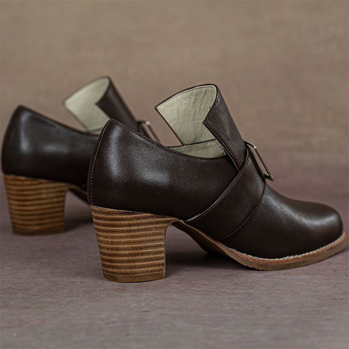 Handmade Vintage Square Buckle Pumps Women British Style Block Heels in Two Heel Heights