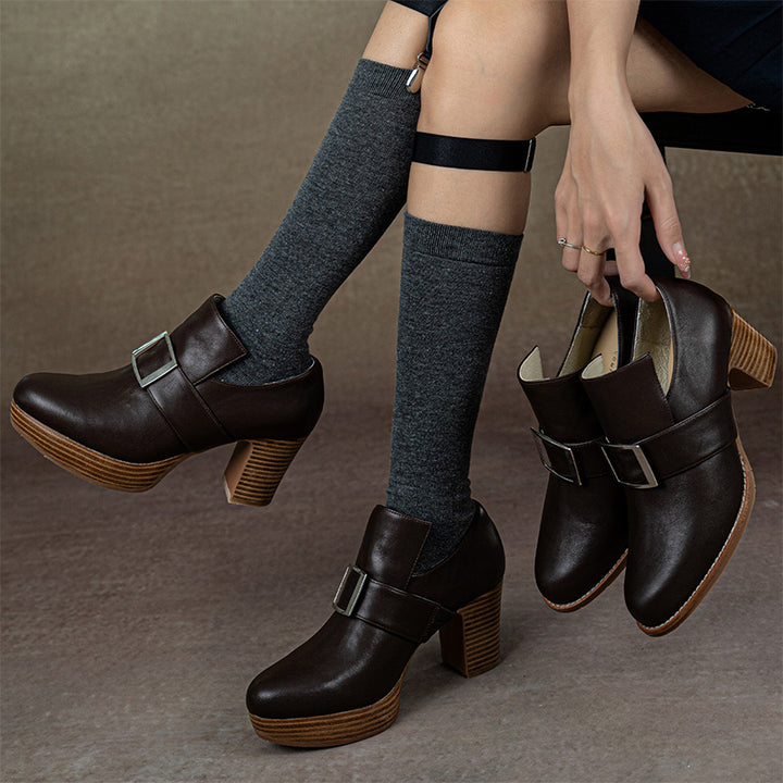 Handmade Vintage Square Buckle Pumps Women British Style Block Heels in Two Heel Heights